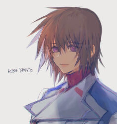 Rule 34 | 1boy, brown hair, character name, commentary request, gundam, gundam seed, jacket, kira yamato, looking at viewer, male focus, military jacket, military uniform, purple eyes, she (morianosu), short hair, simple background, smile, solo, upper body, white background