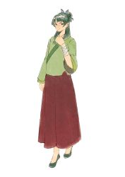 1girl absurdres bandaged_arm bandages blue_ribbon blunt_bangs brown_skirt chinese_clothes flats full_body green_eyes green_shirt green_shoes hair_bun hair_ribbon half_updo highres kusuriya_no_hitorigoto maomao_(kusuriya_no_hitorigoto) mmariesr ribbon shirt shoes skirt smile solo white_background