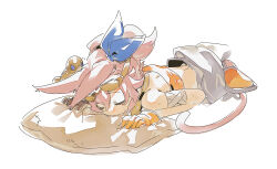 1girl 3_ma_me animal_ears bandeau bird closed_eyes duel_monster ferret_ears ferret_girl ferret_tail gloves goggles goggles_on_head hair_ribbon kitt_(yu-gi-oh!) long_hair lying non-humanoid_robot on_stomach orange_bandeau orange_gloves pillow pink_hair ponytail ribbon robot robot_animal robot_bird tail tri-brigade_kitt tri-brigade_mercourier yu-gi-oh!