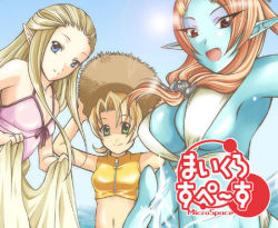3girls bikini blonde_hair blue_eyes blue_skin colored_skin fang green_eyes hat ilia microspace midna midna_(true) multiple_girls nintendo orange_hair pointy_ears princess_zelda red_eyes smile spoilers swimsuit the_legend_of_zelda the_legend_of_zelda:_twilight_princess water