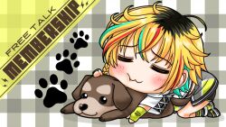 1girl blonde_hair chibi colored_inner_hair dog gloves green_gloves hug idolmaster idolmaster_va-liv letora_(idolmaster) multicolored_hair roots_(hair) short_hair valiv_official