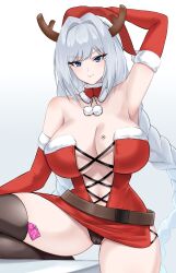 1girl absurdres antlers armpits bare_shoulders blue_eyes braid breast_tattoo breasts cameltoe christmas commentary condom condom_wrapper_in_clothes crimecrime elbow_gloves ethel_(xenoblade) gloves hair_intakes hat highres horns large_breasts looking_at_viewer navel pom_pom_(clothes) red_gloves reindeer_antlers revealing_clothes santa_costume santa_hat single_braid solo tattoo thighhighs xenoblade_chronicles_(series) xenoblade_chronicles_3