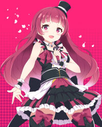 1girl anime_coloring arm_at_side back_ribbon bare_arms ben_awa black_boots black_corset black_hat black_ribbon blunt_bangs boots bow breasts brooch collar corset cowboy_shot cross-laced_clothes cross-laced_corset detached_collar falling_petals frilled_straps frilled_wrist_cuffs frills hand_up happy hat highres hojo_sophy holding holding_microphone houndstooth houndstooth_background idol_clothes jewelry layered_skirt legs_apart light_blush light_smile long_hair microphone mini_hat mini_top_hat open_hand open_mouth petals pink_background pink_bow pink_eyes pink_hair pretty_series pripara ribbon skirt small_breasts solo standing striped_clothes striped_skirt thigh_boots thigh_bow thighhighs top_hat white_collar white_petals wing_collar wrist_cuffs zettai_ryouiki