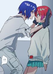 !? 1boy 1girl amate_yuzuriha aqua_eyes blue_hair blush collared_shirt colored_inner_hair gloves gundam gundam_gquuuuuux haro hetero highres kabedon long_sleeves multicolored_hair necktie non-humanoid_robot o6nuqm purple_hair red_eyes red_hair robot school_uniform shirt short_hair shuji_ito skirt speech_bubble spoken_interrobang sweater two-tone_hair white_shirt