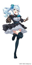 belt black_dress black_thighhighs blue_belt blue_eyes blue_flower blue_hair blue_rose blush boots breasts company_name copyright_notice cropped_torso dress flower full_body gloves grey_dress hair_between_eyes hair_flower hair_ornament highres jacket lace lace_gloves large_breasts long_hair looking_at_viewer miniskirt nijisanji open_clothes open_jacket open_mouth outstretched_arm pleated_dress puffy_short_sleeves puffy_sleeves rose short_sleeves side_ponytail skirt smile standing standing_on_one_leg striped_clothes striped_dress tachi-e takehana_note thigh_boots thighhighs thighs vertical-striped_clothes vertical-striped_dress virtual_youtuber white_background yukishiro_mahiro yukishiro_mahiro_(3rd_costume)