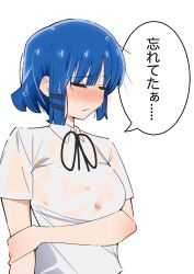 1girl blue_hair blush bocchi_the_rock! breasts closed_eyes collared_shirt commentary_request embarrassed highres holding_own_arm large_breasts long_bangs sakura_1110ssmm see-through_clothes see-through_shirt shirt short_hair short_sleeves sidelocks simple_background solo speech_bubble sweat sweaty_clothes translation_request upper_body wet wet_clothes wet_hair white_background white_shirt yamada_ryo