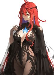 1girl absurdres ahoge alternate_costume asymmetrical_sidelocks black_bodysuit black_cloak blue_fire blue_hair bodysuit breasts chronopattern_dress cloak closed_mouth colored_inner_hair commentary edwin62293123 elizabeth_rose_bloodflame fire fire_on_chest hand_up hashtag-only_commentary highres hololive hololive_english huge_ahoge large_breasts long_hair long_sidelocks looking_at_viewer meme_attire multicolored_hair red_eyes red_hair sidelocks simple_background solo straight_hair very_long_hair virtual_youtuber white_background