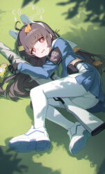 1girl absurdres animal_ears armband black_gloves blue_archive blue_serafuku blue_shirt blue_skirt bright_pupils brown_hair commentary_request dappled_sunlight fake_animal_ears full_body gloves gun hair_spread_out halo highres holding holding_gun holding_weapon leaf leaf_on_head long_hair long_sleeves looking_at_viewer lying midriff_peek miyu_(blue_archive) on_grass on_ground on_side open_mouth outdoors pantyhose pantylines peanut_mouth pleated_skirt pouch red_eyes rifle sailor_collar school_uniform serafuku shali shirt shoes skirt solo sunlight thermos wavy_mouth weapon weapon_between_legs white_halo white_pantyhose white_pupils white_sailor_collar white_shoes