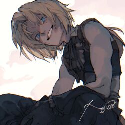 Rule 34 | 1boy, ascot, bare shoulders, blonde hair, blue eyes, blue pants, cat tail, cropped vest, dadadadadaist, final fantasy, final fantasy ix, gloves, grin, highres, looking at viewer, low ponytail, male focus, pants, parted bangs, ponytail, shirt, short hair, signature, smile, solo, tail, teeth, upper body, vest, white ascot, white shirt, wrist cuffs, zidane tribal