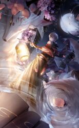 1boy antenna_hair architecture bare_shoulders bead_bracelet beads black_hakama black_kimono blonde_hair blue_eyes bracelet bracer branch building cherry_blossoms detached_sleeves determined east_asian_architecture falling_petals flower fox full_body full_moon furrowed_brow game_cg hair_between_eyes hakama hakama_skirt holding holding_lantern japanese_clothes jewelry kimono kitsune lantern light_frown light_particles loen_(shining_nikki) long_sleeves looking_at_viewer male_focus messy_hair moon night night_sky nikki_(series) official_art outdoors parted_lips petals pink_flower red_sleeves reflection reflection_focus reflective_water ripples shining_nikki short_hair skirt sky sleeveless sleeveless_kimono solo spring_(season) traditional_youkai wide_sleeves