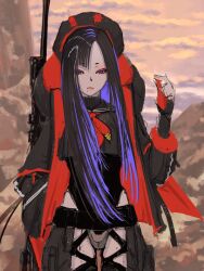 1girl absurdres asymmetrical_bangs beret black_gloves black_hair black_headwear black_jacket black_leotard black_serafuku chaps collared_leotard colored_inner_hair eunhwa_(nikke) eyeshadow fingerless_gloves forehead gloves goddess_of_victory:_nikke gun hat highres holding_behind_back holding_weapon_behind_back hood hood_down hooded_jacket jacket leotard leotard_under_clothes lips long_hair looking_at_viewer makeup mero_(ilsttkgbz11) mole mole_under_eye mole_under_mouth multicolored_hair neckerchief purple_eyes purple_hair red_eyeshadow red_jacket red_neckerchief rifle school_uniform serafuku sniper_rifle solo two-sided_fabric two-sided_jacket weapon