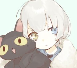 bang_dream! bang_dream!_it&#039;s_mygo!!!!! black_cat blanket blue_eyes cat covering_with_blanket dpev2284 fangs green_background heterochromia highres holding holding_toy kaname_raana looking_to_the_side medium_hair mygo!!!!!_(bang_dream!) neck_ribbon ribbon simple_background stuffed_toy toy white_hair yellow_eyes