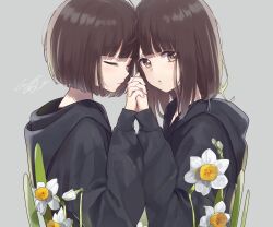 2girls blush brown_eyes brown_hair female_focus flower grey_background menhera_shoujo_kurumi-chan multiple_girls nanase_konomi nanase_kurumi_(menhera-chan) sweater