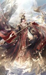 Rule 34 | 1girl, artist request, asymmetrical bangs, bird, black hair, black hanfu, blue sky, chinese clothes, closed mouth, collarbone, crown, dragon print, empress mingyi (shining nikki), expressionless, eyeshadow, facial mark, fern, floating clothes, floating hair, flock, forehead mark, full body, game cg, glorious throne (shining nikki), gold crown, hair bun, hair rings, hanfu, highres, holding, holding staff, light particles, light rays, lipstick, long sleeves, looking at viewer, makeup, mountain, mouth veil, nikki (series), official art, on rooftop, outdoors, petals, phoenix, rainbow, red eyes, red eyeshadow, red lips, red tabard, shining nikki, short hair, simple bird, single hair bun, single sidelock, sky, solo, staff, standing, sun, sunlight, tabard, updo, veil, white background, wide sleeves
