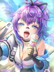 Rule 34 | 1girl, bandaid, bandaid on face, bandaid on nose, black gloves, black leotard, blue eyes, blue hair, blue nails, breasts, cleavage, cropped jacket, elbow gloves, elmsnow, fingerless gloves, food, gloves, highres, holding, holding food, holding ice cream, ice cream, jacket, large breasts, leotard, medium hair, melody (projektmelody), melody (projektmelody) (4th costume), multicolored hair, nail polish, open mouth, pink hair, ponytail, purple hair, smile, solo, streaked hair, tongue, tongue out, virtual youtuber, vshojo, water, white jacket