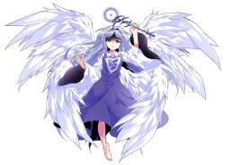 1girl alphes_(style) angel angel_wings barefoot blue_hair breasts collared_shirt commentary_request dairi dress feathered_wings feathers full_body genderswap genderswap_(otf) gloom_(expression) hair_intakes highres holding holding_wand large_variant_set left-handed long_hair long_sleeves looking_at_viewer multiple_wings open_mouth parody parted_bangs purple_dress red_eyes sariel_(touhou) seraph shirt smile solo style_parody touhou touhou_(pc-98) transparent_background variant_set very_long_hair wand white_shirt white_wings wide_sleeves wings