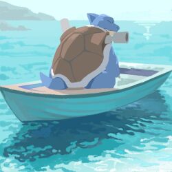 Rule 34 | blastoise, boat, claws, closed eyes, closed mouth, full body, gen 1 pokemon, horizon, nintendo, no humans, nostrils, ocean, outdoors, pokemon, pokemon (creature), ripples, rowboat, seasideiiii, sitting, solo, water, watercraft
