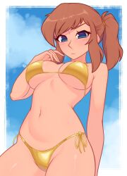 Rule 34 | 1girl, a hat in time, absurdres, aged up, bare shoulders, bikini, blue background, blue eyes, breasts, brown hair, closed mouth, commentary, cowboy shot, english commentary, golden week bikini, hair tie, hat kid, highres, looking at viewer, navel, ponytail, side-tie bikini bottom, sidelocks, solo, swimsuit, xyronii