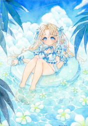 1girl absurdres amu_(m_aa) animal artist_name bare_shoulders barefoot bikini blonde_hair blue_eyes blue_nails blue_ribbon breasts chestnut_mouth cleavage cloud cloudy_sky collarbone cumulonimbus_cloud cup dated day donut_innertube dot_nose drink fish floating floating_flowers flower forehead frilled_bikini frilled_bikini_top frilled_wristband frills hair_ribbon highres holding holding_cup inflatable_toy innertube jewelry large_breasts long_hair looking_at_viewer nail_polish ocean open_mouth original outdoors painting_(medium) ribbon signature sitting sky solo swim_ring swimsuit thighs toes traditional_media watercolor_(medium) wristband