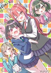 4girls animal_ears aqua_cardigan aqua_necktie bad_girl_(manga) black_hair black_pantyhose black_skirt black_vest blush cardigan collared_shirt colored_inner_hair fake_animal_ears gradient_hair green_necktie hand_on_own_chin highres holding holding_sketchbook long_hair long_sleeves looking_at_viewer low_ponytail medium_hair meiji_(mosamoo3) miniskirt mizutori_atori mole mole_under_eye multicolored_hair multiple_girls necktie one_eye_closed open_cardigan open_clothes open_mouth pantyhose pink_cardigan pleated_skirt ponytail purple_hair red_hair red_necktie ruriha_rura shirt sketchbook skirt suzukaze_suzu sweat sweatdrop twitter_username vest white_shirt yellow_eyes yuutani_yuu