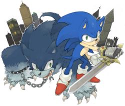 dual_persona furry furry_male gloves green_eyes holding holding_sword holding_weapon lowres male_focus sega sonic_(series) sonic_and_the_black_knight sonic_(series) sonic_the_hedgehog sonic_unleashed sword tail weapon werehog white_background