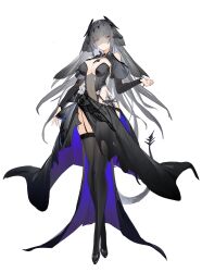 1girl absurdres bare_shoulders black_bow black_bowtie black_collar black_leotard black_shoes black_skirt black_thighhighs black_wings blue_skirt bow bowtie breasts cleavage closed_mouth collar commentary covered_navel detached_sleeves flantia flower full_body grey_hair head_wings high_heels highres large_breasts leotard long_hair long_skirt long_sleeves looking_at_viewer multicolored_skirt orange_eyes original purple_skirt see-through_clothes shoes simple_background skirt solo standing tail thighhighs thighs transparent_background white_flower wings