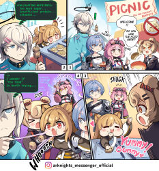 1boy 4girls angry animal_ears arknights bear_ears bear_girl cat_ears cat_girl ceobe_(arknights) cooking dog_ears dog_girl dog_tail donut eating english_text executor_(arknights) executor_the_ex_foedere_(arknights) food food_in_mouth food_on_face goldenglow_(arknights) gummy_(arknights) halo highres hm_(hmongt) holding holding_stick meatball multiple_girls official_art scottish_fold speech_bubble spuria_(arknights) steak stick surprised swallowing tail tail_wagging thinking