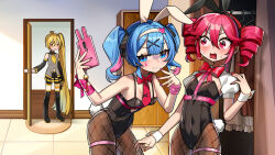 3girls akita_neru alternate_costume animal_ears antenna_hair bike_shorts bike_shorts_under_skirt black_leotard black_skirt black_sleeves black_thighhighs blonde_hair blue_hair blush boots breasts caught cellphone clothing_cutout colored_inner_hair comic detached_sleeves door double-parted_bangs dress drill_hair facial_tattoo fake_animal_ears fingernails fishnet_pantyhose fishnets grey_shirt grin hair_between_eyes hatsune_miku headband highres holding holding_phone indoors kakosa_sama kasane_teto leotard long_hair multicolored_hair multiple_girls navel_cutout necktie open_mouth pantyhose phone pink_hair pink_nails playboy_bunny pleated_skirt rabbit_ears rabbit_hole_(vocaloid) red_eyes red_hair red_nails red_necktie segmented_comic shirt short_sleeves side_ponytail skirt sleeveless sleeveless_shirt small_breasts smartphone smile sweatdrop tattoo thigh_boots thigh_strap thighhighs tongue triple_baka_(vocaloid) twin_drills unworn_dress utau very_long_hair vocaloid white_wrist_cuffs wrist_cuffs yellow_eyes yellow_necktie