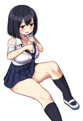 1girl black_hair blush breasts collarbone hair_between_eyes highres kneehighs large_breasts loose_necktie maruput medium_hair necktie open_mouth original plaid_clothes plaid_skirt pleated_skirt school_uniform see-through_clothes simple_background sitting skirt socks solo striped_necktie sweat thighs very_sweaty wet wet_clothes white_background wiping_sweat