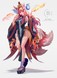 Rule 34 | 1girl, animal ear fluff, animal ears, blue fire, clog sandals, detached sleeves, female focus, fire, floating hair, folding fan, fox ears, fox tail, full body, grey background, hand fan, hand up, highres, holding, holding fan, inabi, inari, long hair, long sleeves, looking at viewer, multiple tails, nail polish, okobo, original, pelvic curtain, platform sandals, pleated skirt, purple socks, red hair, sandals, simple background, skirt, socks, solo, standing, tail, two tails, white background, white skirt, wide sleeves