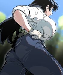 Rule 34 | 1girl, absurdres, arato nagi, ass, black hair, blue pants, breasts, denim, frogsnake, gloves, highres, jeans, large breasts, long hair, outdoors, pants, ruri no houseki, shirt, shirt tucked in, white gloves, white shirt