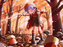 1boy alternate_color autumn_leaves black_gloves boots bugsy_(holiday_2024)_(pokemon) bugsy_(pokemon) closed_eyes ffccll forest gen_1_pokemon gen_4_pokemon gloves hand_on_own_ear hat highres kricketot leaf male_focus nature nintendo official_alternate_costume pokemon pokemon_(creature) pokemon_masters_ex purple_hair red_hat standing weedle