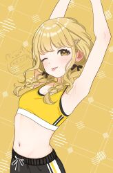 1girl ;p absurdres amashi_2278 armpits arms_up blonde_hair blush bow braid breasts brown_bow commentary_request dotted_line fujita_kotone gakuen_idolmaster hair_bow highres idolmaster long_hair looking_at_viewer navel one_eye_closed small_breasts solo sports_bra stomach tongue tongue_out twin_braids upper_body watermark workout_clothes yellow_background yellow_eyes yellow_sports_bra