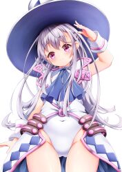 1girl absurdres downturned_eyes emil_chronicle_online hat highres kamishibaiya_iris leotard long_hair purple_eyes standing thighs white_background white_hair white_hat
