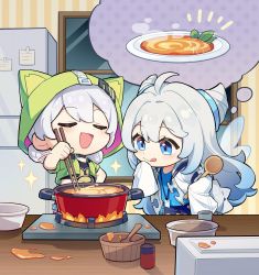 2girls :d black_shirt blue_eyes blue_shirt blue_shorts chopsticks closed_eyes closed_mouth coat cooking double_bun food green_jacket hair_bun highres holding holding_chopsticks honkai_(series) honkai_impact_3rd id_card indoors jacket kiana_kaslana kiana_kaslana_(knight_moonbeam) kiana_kaslana_(lemon_soda) kitchen mihoyo miyouji multiple_girls official_art open_clothes open_coat open_mouth pot refrigerator shirt short_sleeves shorts smile spoon star_(symbol) stove table thinking tongue tongue_out white_coat white_hair window wooden_spoon