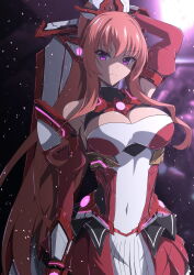 1girl absurdres aoi_tabane arm_up bare_shoulders blurry blurry_background breasts cleavage cleavage_cutout closed_mouth clothing_cutout covered_navel detached_sleeves dress elbow_gloves exs-tia_chevalier exs-tia_chevalier_(kouyoku_senki_exs-tia_r) gloves hair_between_eyes headgear highres holding holding_sword holding_weapon kouyoku_senki_exs-tia large_breasts long_hair looking_at_viewer ponytail purple_eyes red_dress red_gloves red_hair red_skirt red_sleeves rieszverne_suzette_paladill shaded_face skirt solo sword very_long_hair weapon