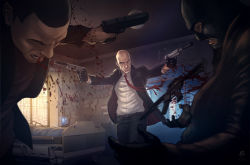 1other 2boys absurdres agent_47 assassin assault_rifle balaclava bald bed black_gloves black_hair black_headwear black_suit blood blood_spray brown_jacket brown_shirt bunting chair cross dark_skin dim_lighting doorway dress_shirt dual_wielding english_text fighting fighting_stance firing floating floating_neckwear floating_object floating_weapon folding_stock formal_clothes glock gloves gun gunshot_wound handgun happy_birthday highres hitman_(game) holding hospital_bed imminent_death indoors jacket lamp looking_at_another m1911 male_focus monitor multiple_boys necktie open_mouth optical_sight paper patrick_brown red_necktie rifle shirt short_hair suit suit_jacket suppressor teeth unbuttoned_jacket very_short_hair weapon white_shirt window