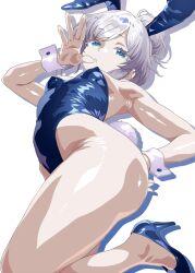 animal_ear_hairband animal_ears blue_eyes blue_leotard breasts deux_murasame fake_animal_ears from_below grey_hair gundam gundam_gquuuuuux hair_bun hairband leotard minazuki_noumu playboy_bunny purple_pupils rabbit_ears rabbit_tail short_hair simple_background single_hair_bun small_breasts strapless strapless_leotard tail white_background wrist_cuffs