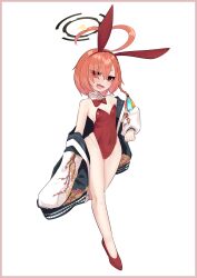 1girl absurdres ahoge animal_ears asdz5555 asymmetrical_bangs blue_archive bow bowtie braid breasts detached_collar fang full_body halo highres jacket leotard looking_at_viewer mole mole_under_eye neru_(blue_archive) neru_(bunny)_(blue_archive) orange_hair playboy_bunny print_jacket rabbit_ears red_bow red_bowtie red_eyes red_leotard simple_background single_braid small_breasts solo standing strapless strapless_leotard sukajan tag traditional_bowtie white_background