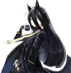 1girl absurdres animal_ears belt black_belt black_coat black_gloves black_hair black_shirt black_skirt coat cup earrings english_text engrish_text gloves hair_between_eyes hand_up highres holding holding_cup horse_ears horse_girl horse_tail jewelry long_bangs long_hair long_hair_between_eyes manhattan_cafe_(umamusume) mug multicolored_hair necktie ranguage shirt simple_background single_earring skirt solo tail umamusume very_long_hair white_background white_hair yellow_necktie yu-dachi