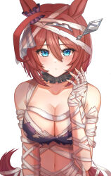 1girl animal_ears bandage_on_hair bandaged_arm bandages bandeau blue_eyes blush breasts brown_hair cleavage commentary_request cosplay double-parted_bangs ear_scrunchie embarrassed expressionless hair_between_eyes hanma_amnah highres horse_ears horse_girl horse_tail linea_alba medium_breasts mihono_bourbon_(umamusume) navel purple_bandeau short_hair simple_background solo super_creek_(chiffon_ribbon_mummy)_(umamusume) super_creek_(umamusume) super_creek_(umamusume)_(cosplay) tail torn_bandeau umamusume upper_body white_background
