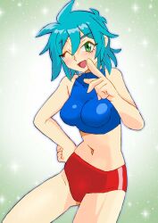 Rule 34 | 1girl, ;d, allenby beardsley, alternate costume, blue hair, breasts, buruma, commentary request, g gundam, green eyes, gundam, hair between eyes, hand on own hip, looking at viewer, medium breasts, navel, one eye closed, onnaski, open mouth, short hair, smile, solo, sports bra, thighs
