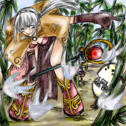 1girl 2000s_(style) bent_over bikini bikini_top_only boots brown_capelet brown_gloves brown_skirt capelet closed_mouth commentary_request eggyra elbow_gloves full_body gloves grey_eyes grey_hair holding holding_staff long_hair looking_at_viewer low_ponytail lowres mage_(ragnarok_online) oekaki pazy pelvic_curtain poison_spore ponytail ragnarok_online red_bikini red_boots skirt solo staff standing swimsuit