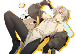 1boy steamed_bun baseball_bat black_gloves black_jacket black_pantyhose caelus_(honkai:_star_rail) chinese_clothes flower food gloves grey_hair hair_between_eyes hair_flower hair_ornament highres honkai:_star_rail honkai_(series) jacket long_sleeves male_focus pantyhose shoes short_hair solo taosheng trailblazer_(honkai:_star_rail) trap yellow_eyes