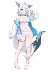 1girl :d absurdres alternate_costume animal_ears barefoot bikini blue_eyes blush braid breasts commentary_request feet fox_ears fox_girl fox_shadow_puppet fox_tail full_body highres hololive jacket looking_at_viewer medium_breasts navel open_clothes open_jacket open_mouth pentagram shirakami_fubuki side-tie_bikini_bottom simple_background single_braid smile solo swimsuit tail thigh_strap thighs toes verdey virtual_youtuber white_background white_bikini white_jacket