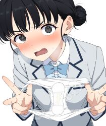 1girl basori_tiara black_hair blazer blush collared_shirt hair_bun highres holding holding_panties holding_underwear holding_unworn_clothes jacket long_sleeves looking_at_viewer make_heroine_ga_oo_sugiru! mole mole_on_neck no_panties panties presenting_removed_panties school_uniform shirt simple_background solo sweat to_bari underwear upper_body wavy_mouth white_background white_panties white_shirt