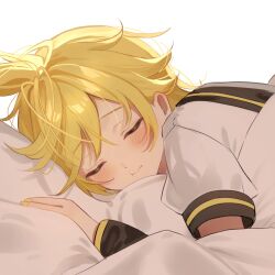 1boy :t absurdres blonde_hair blush closed_eyes commentary_request detached_sleeves hair_down highres kagamine_len len_02 long_sleeves lying male_focus nail_polish on_stomach pillow short_sleeves sleeping solo vocaloid