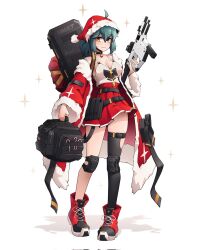 1girl ahoge asymmetrical_legwear bag blue_hair breasts candy candy_cane cleavage coat commentary corrupted_twitter_file food full_body fur-trimmed_coat fur_trim gun hat high-capacity_magazine highres holding holding_bag jestami kriss_vector medium_breasts medium_hair open_clothes open_coat orange_eyes original pleated_skirt ponytail pun red_coat red_footwear red_hat red_skirt santa_costume santa_hat sidelocks skirt solo sparkle_background submachine_gun weapon