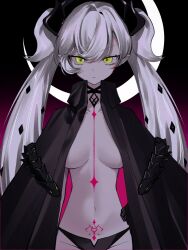1girl black_jacket black_panties breasts fate/grand_order fate_(series) green_eyes highres horns jacket lilith_(fate) lilith_(second_ascension)_(fate) long_hair looking_at_viewer navel panties pointy_ears pubic_tattoo siho_is_alien solo tattoo twintails underwear white_hair