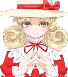 1girl blonde_hair bow closed_mouth collar curly_hair dress drill_hair drill_sidelocks elly_(touhou) frilled_collar frilled_sleeves frills hat hat_bow hat_ribbon looking_at_viewer red_bow red_dress red_ribbon ribbon s-a-murai sidelocks smile solo sun_hat touhou touhou_(pc-98) upper_body white_background white_collar yellow_eyes